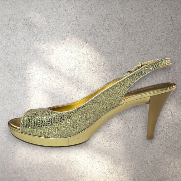 Nine West Gold Metallic Glitter Slingback Heels Size 10 - Picture 1 of 12